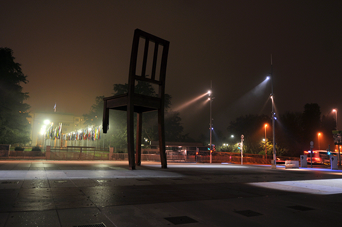 The “Broken Chair” sculpture with the Palais des Nations in the background