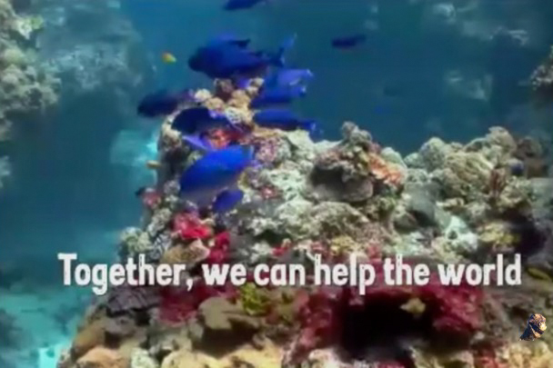 A scene from a video presentation encourages people that 'together, we can help save the world.'