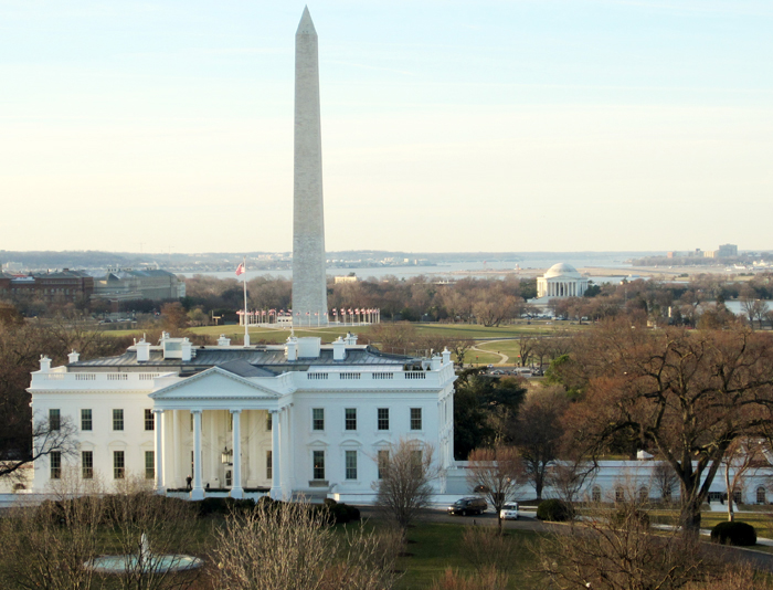 A view of the White House, Washington Monument and Thomas Jefferson Memorial