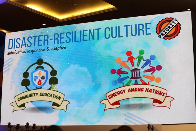 A slide highlights the importance of building a disaster-resilient culture