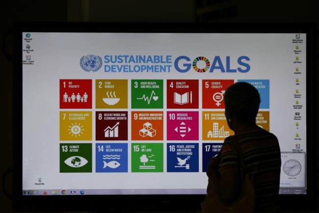 A delegate considers the SDGs as the first week of HLPF2022 comes to a close