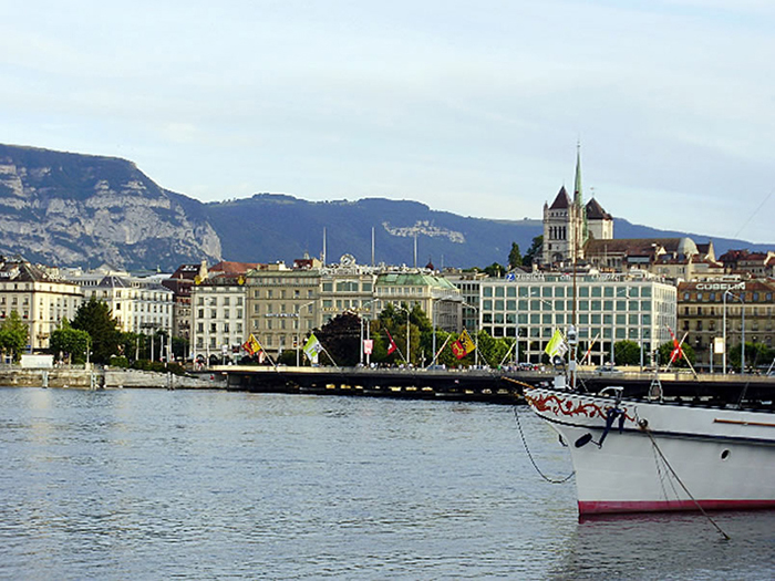 The towers of St. Peter's Cathedral in Geneva, viewed from Lac Léman