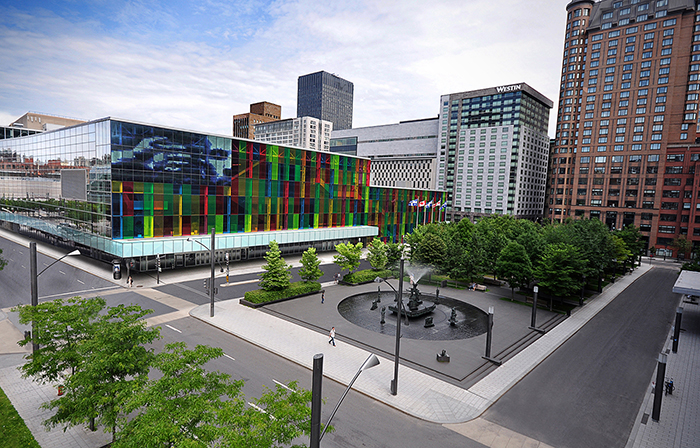 A view of the Palais des Congrès de Montréal, venue of the 21st Meeting of the Subsidiary Body on Scientific, Technical and Technological Advice and 10th Meeting of the Ad Hoc Open-ended Working Group on Article 8(j) and Related Provisions of the CBD (photo courtesy of the Palais des Congrès de Montréal)