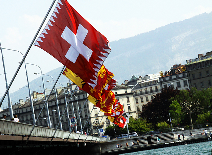 Swiss flags by Lake Geneva