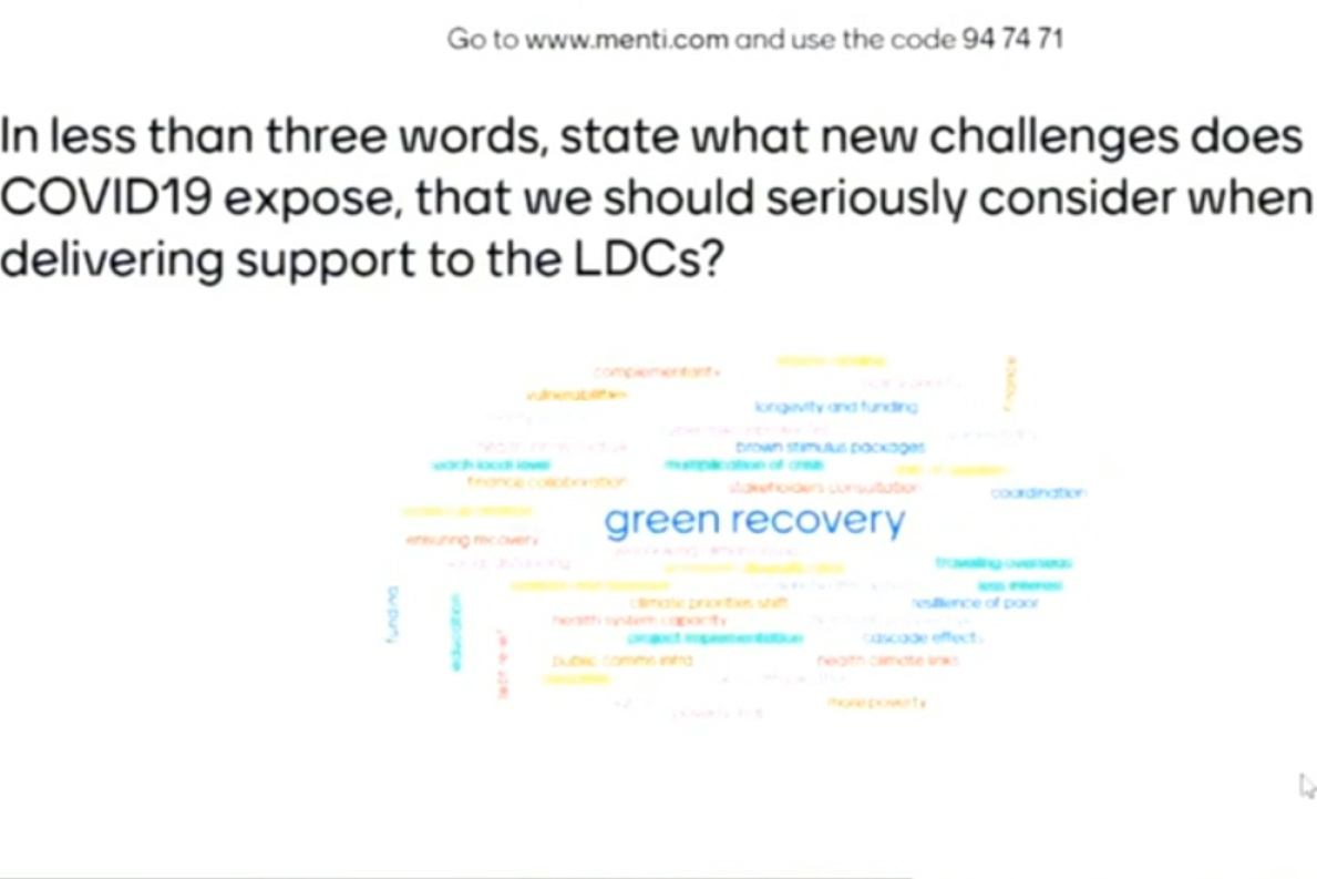 Audience shares their brief inputs on COVID-19-related challenges to prioritize in delivering support to the LDCs, with “green recovery” showing popularity among 46 respondents.