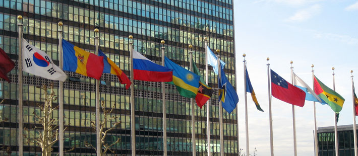 Country flags outside the UN Headquarters.
