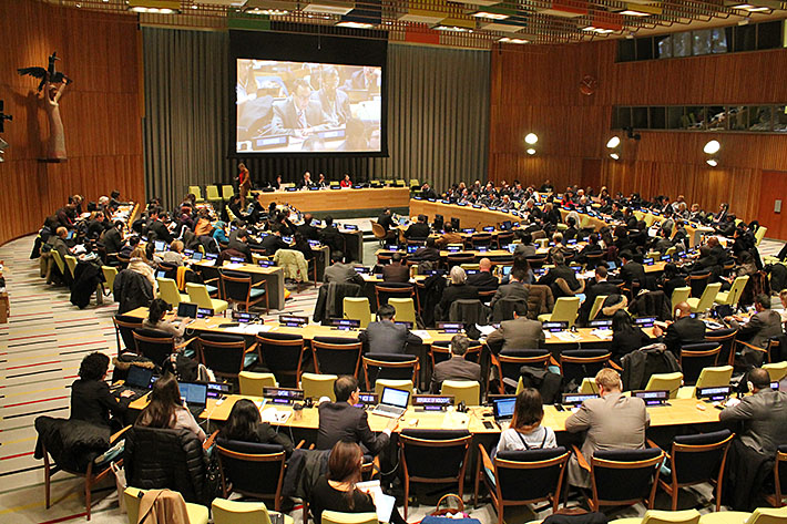 A view of the Trusteeship Council Chamber, with Henrik Starcke's sculpture symbolizing Mankind and Hope