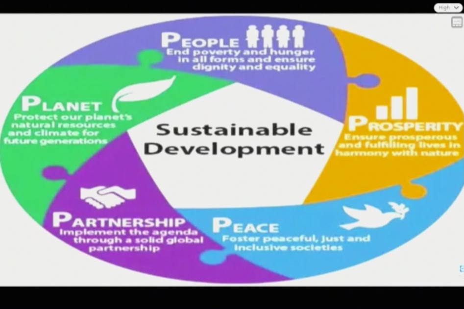 A slide from The Gambia's VNR presentation highlights some of the country's key focus areas for achieving the SDGs.