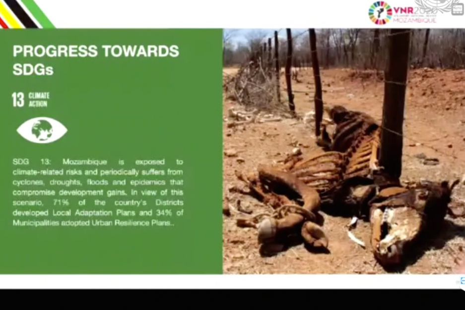 A slide from Mozambique's VNR highlights challenges faced due to climate change.