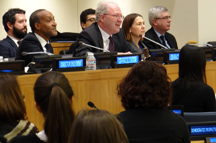 As Co-Facilitator <strong>Kamau</strong> looks on, Co-Facilitator <strong>Donoghue</strong> gavels the first meeting of the intergovernmental negotiations on the post-2015 development agenda to a close at 5:30 pm.