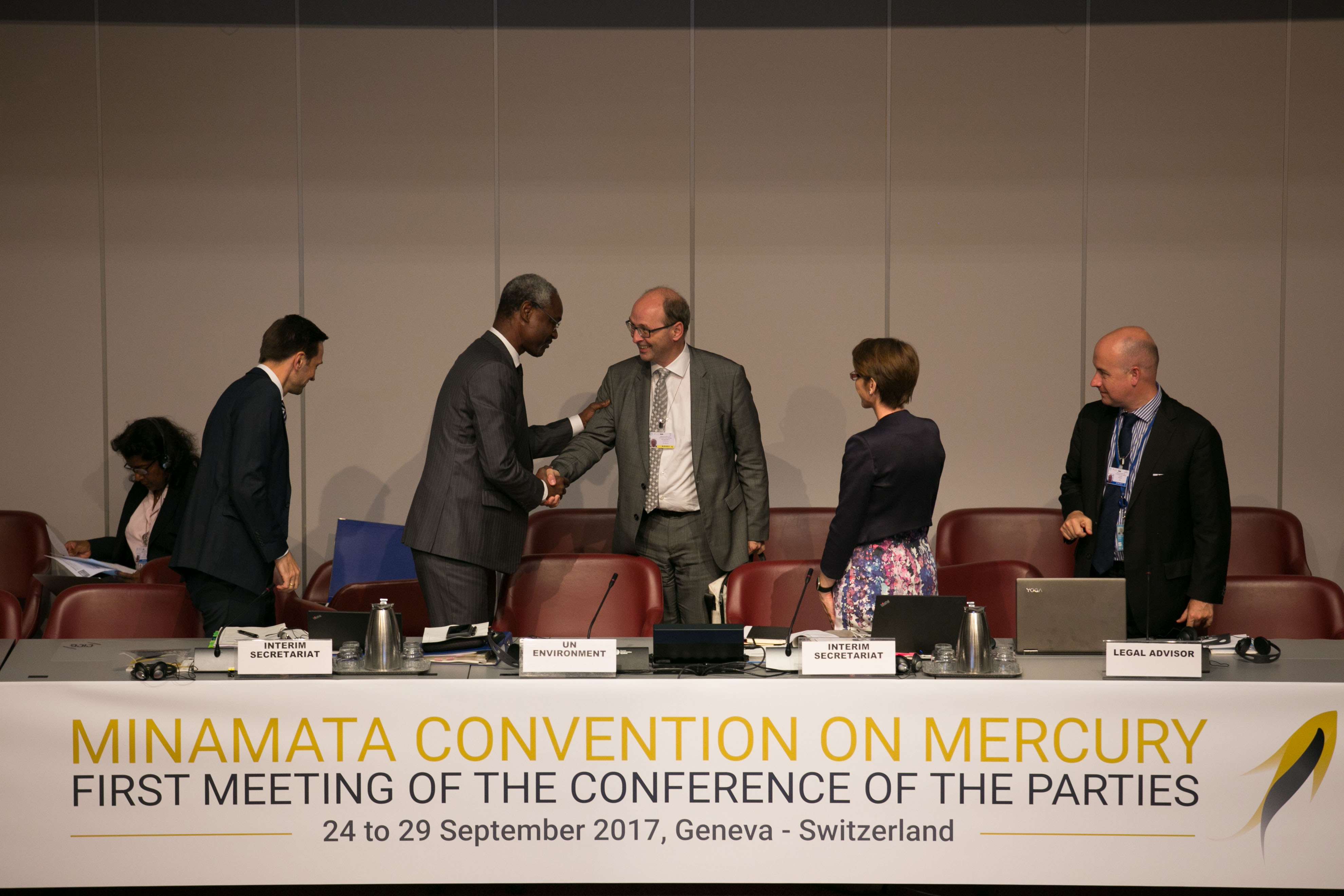 Marc Chardonnens, Director, Federal Office for the Environment, Switzerland, is welcomed onto the podium after being elected COP1 President (Photo by IISD/ENB Kiara Worth)