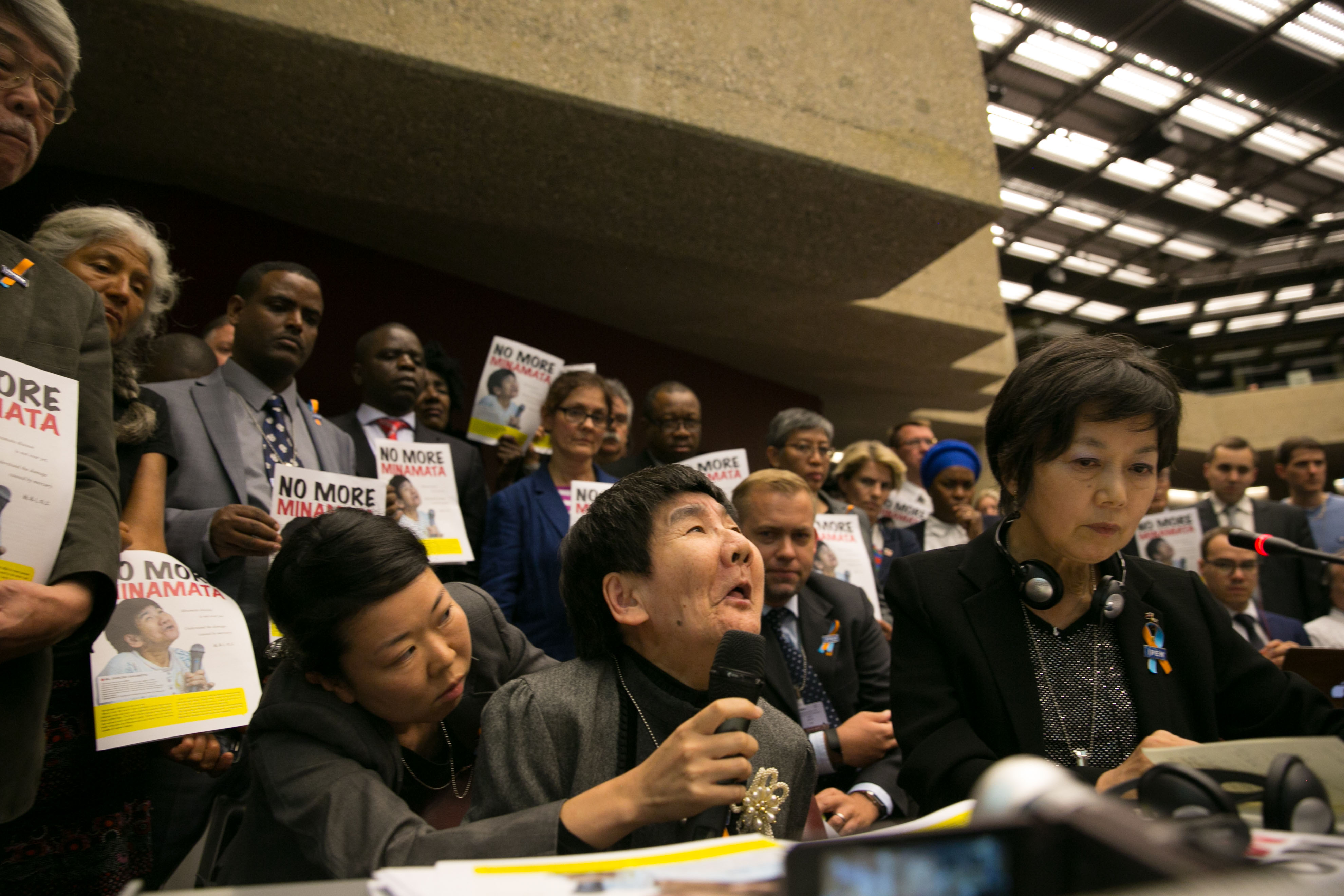 Shinobu Sakamoto, a woman living with fetal Minamata disease, at the Convention's first meeting in 2017