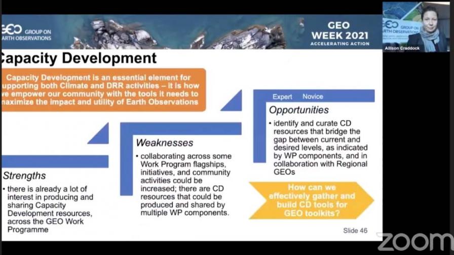 A slide from the presentation made by Allison Craddock, Co-Chair, GEO Capacity Development Working Group