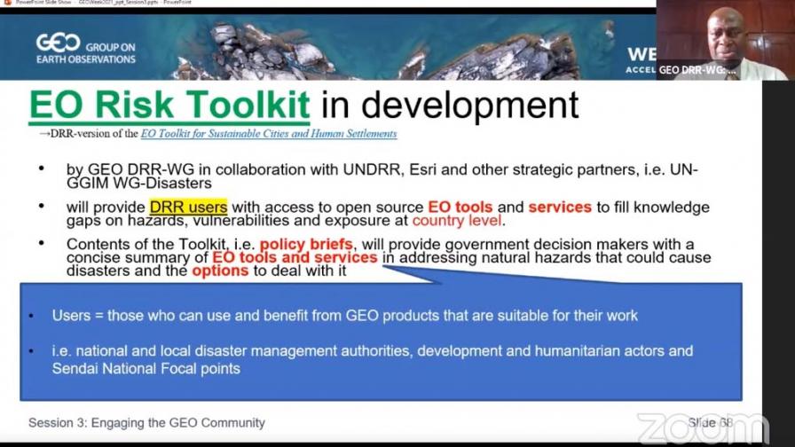 A slide from the presentation made by Kene Onukwube, Co-Chair, GEO DRR Working Group