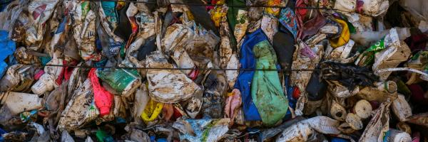 A large pile of garbage sitting next to a metal fence