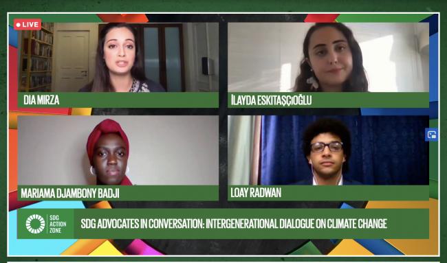 Session panel (clockwise from top left): Dia Mirza, Actress and Producer, SDG Advocate, and UNEP Regional Goodwill Ambassador for India; İlayda Eskitaşçıoğlu, We Need To Talk; Loay Radwan, G-Beetle; and Mariama Djambony Badji, DNA SARL, Senegal