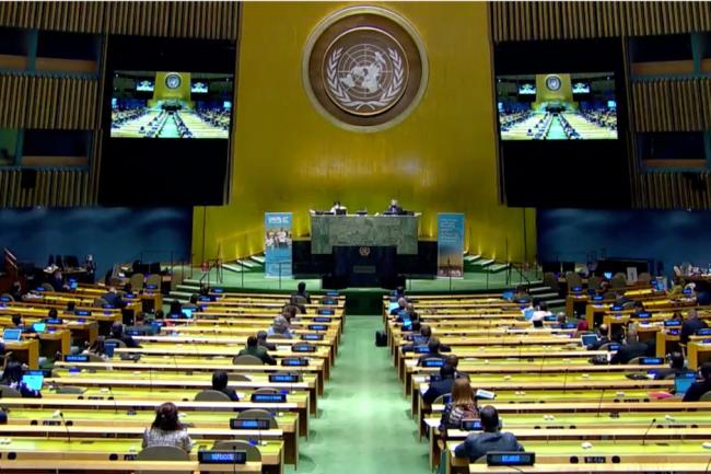  Delegates gather, socially distanced, in the UN General Assembly Hall to attend the commemoration of the 75th Anniversary of the UN. 