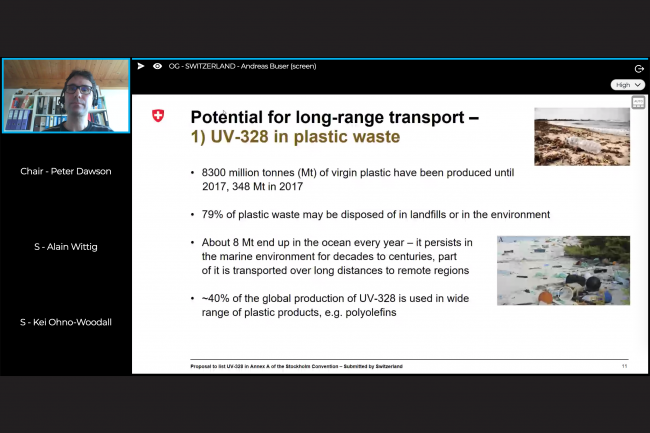 Andreas Buser (Swiss Federal Office for the Environment) presented Switzerland's proposal to list UV-328 in Annex A.