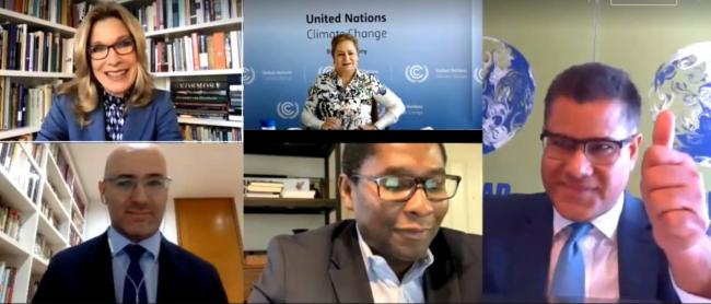 Clockwise from top left: Melinda Crane, Deutsche Welle; UNFCCC Executive Secretary Patricia Espinosa; Alok Sharma, COP 26 President-designate; Selwin Hart, Assistant Secretary-General for the Climate Action Team; and Julio Cordano, COP 25 Presidency.