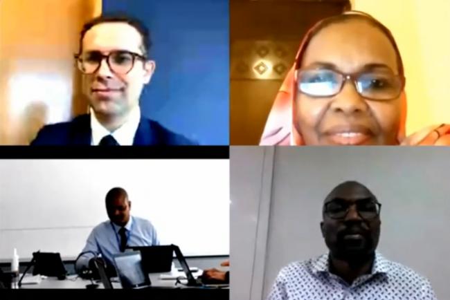 Clockwise from top left: Manuel JosÃ© Salidas, COP 25 Presidency; Least Developed Countries Expert Group (LEG) Chair Hana Hamadalla Mohamed, Sudan; Pa Ousman Jarju, Green Climate Fund (GCF) Secretariat; UNFCCC Secretariat IT support.