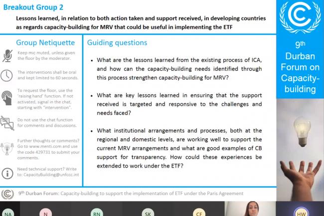 Participants of the Durban Forum engage in facilitated breakout discussions. Group 2 discusses useful lessons learned from measuring, reporting and verification (MRV) capacity building for the Paris Agreement’s enhanced transparency framework (ETF).