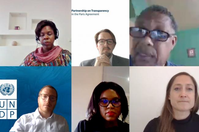 Clockwise from top left: Co-Facilitator Edith Ofwona Adera, International Development Research Centre; Fabian Klemme, Partnership on Transparency in the Paris Agreement (PATPA-GIZ); Clifford Mahlung, (Small Island Developing States, SIDS, negotiation group); Juliet Meredith (UK), Incoming COP Presidency; Sandra Motshwanedi (South Africa); Damiano Borgogno, UN Development Programme (UNDP).