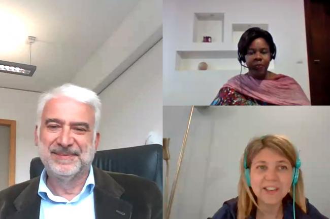 The 9th Durban Forum is closed by Daniele Violetti, UNFCCC Secretariat (left), Co-Facilitator Edith Ofwona Adera, International Development Research Centre (top right), and Co-Facilitator Roberta Ianna (Italy), Paris Committee on Capacity-building (PCCB) Member (bottom right).