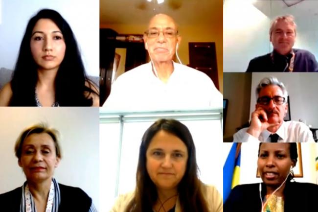 NDC event panelists (clockwise from top left): Shyla Raghav, Conservation International (moderator); Carlos Fuller, Belize, for Alliance of Small Island States, AOSIS; Henrik Hallgrim Eriksen, Norway; Jacob Werksman, EU; Juliet Kabera, Rwanda; Carolina Urmeneta, Chile; and Visnja Grgasovia, EU.