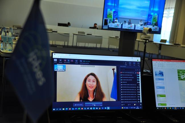 Screen showing IPBES Chair Ana María Hernández during opening speech