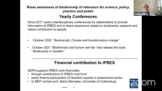 A slide from the presentation made by Cecilia Lindblad, Swedish Environmental Protection Agency and IPBES national focal point