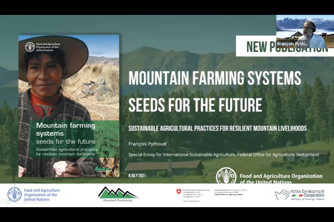 François Pythoud, Federal Office for Agriculture, Switzerland, presents the new FAO publication, “Mountain Farming Systems- Seeds for the Future"