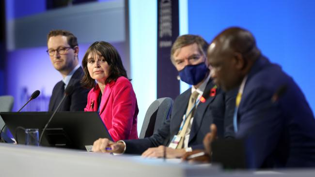 From L-R: Darren Jones, Member of Parliament, UK; Baroness Kate Parminter, Member of House of Lords, UK; Philip Dunne, Member of Parliament, UK; and Biyika Lawrence Songa, Chair of the Parliamentary Committee on Climate Change, Uganda