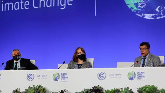 From L-R: Orlando Habet, Minister of Sustainable Development, Climate Change, and Disaster Risk Management, "COP26 - 06Nov2021 - Orlando Habet, Minister of Sustainable Development, Climate Change, and Disaster Risk Management, Belize; Patricia Fuller, Ambassador for Climate Change, Canada; and Mostafa Kamal, Bangladesh