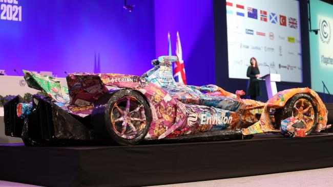 A race car made of recycled Glasgow plastic litter