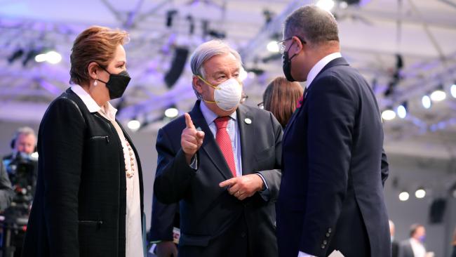 From L-R: UNFCCC Executive Secretary Patricia Espinosa; António Guterres, UN Secretary-General; and Alok Sharma, COP 26 President, UK