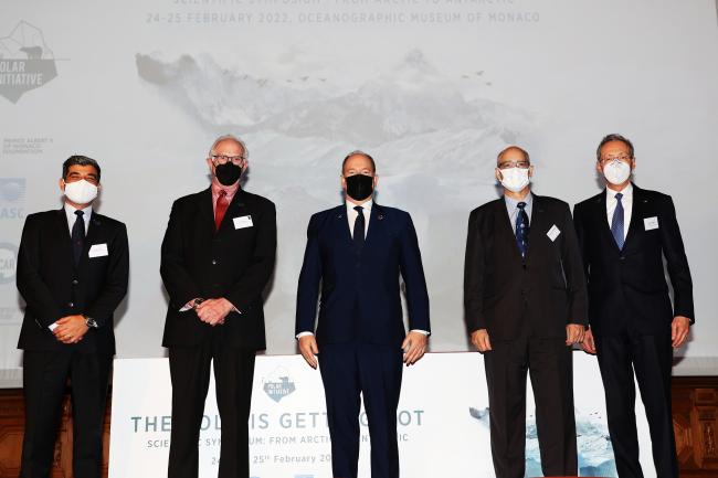 L-R: Olivier Wenden, CEO and Vice President, Prince Albert II of Monaco Foundation; Larry Hinzman, President, International Arctic Science Committee (IASC); HSH Prince Albert II of Monaco; Jefferson Cardia Simões, Vice-President, Scientific Committee on Antarctic Research (SCAR); and Robert Calcagno, Director General, Oceanographic Institute, Prince Albert I of Monaco Foundation