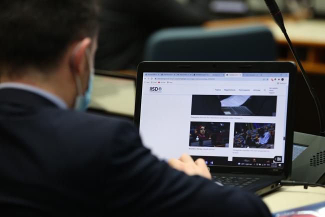 A delegate looks at the photos on the IISD/ENB website