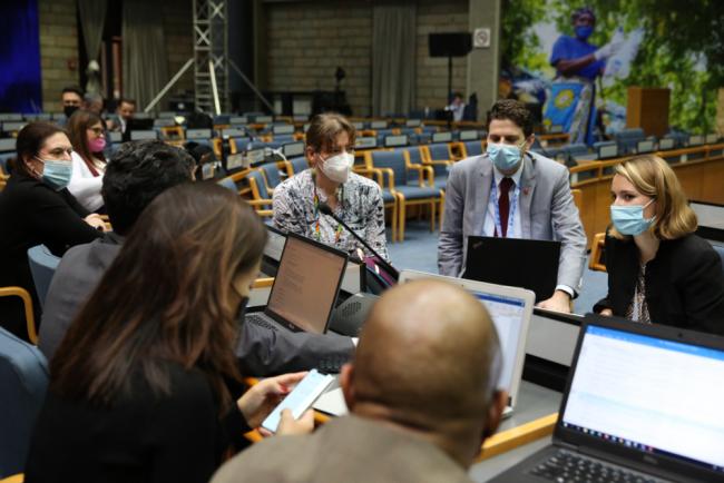 Delegates consult informally before the start of negotiations in Cluster 2