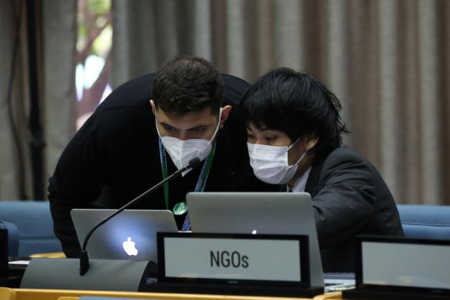 NGO delegates consult during the session