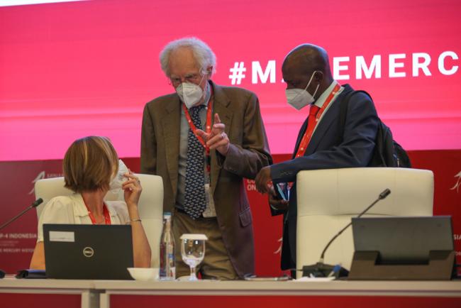 Co-Chairs for the Contact Group on Annexes A and B Nicola Powell, Australia, and David Kapindula, Zambia, speak with John Whitelaw, Minamata Secretariat (center)