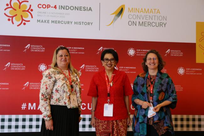 Incoming COP-5 President Claudia Dumitru, Romania, COP-4 President Rosa Vivien Ratnawati, Indonesia, and Monika Stankiewicz, Executive Secretary, Minamata Convention
