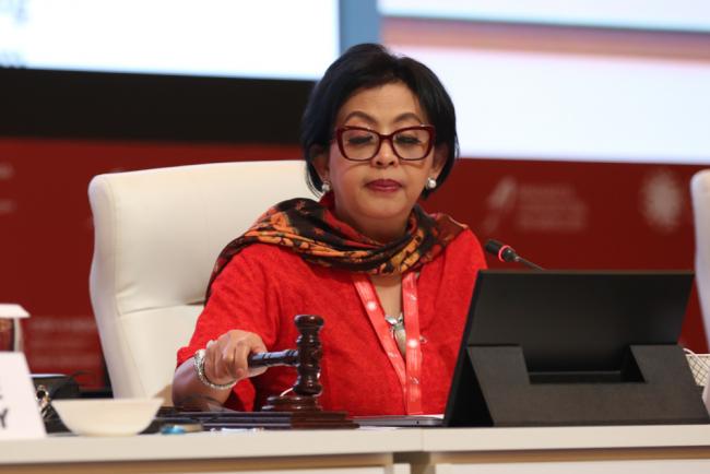 COP-4 President, Rosa Vivien Ratnawati, Indonesia, hits the gavel as various decisions are adopted