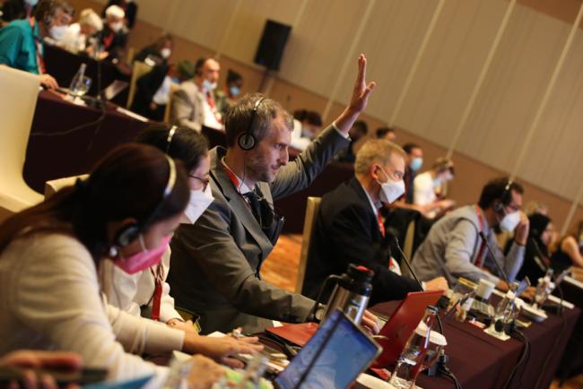 Delegates raise their hands to make an intervention