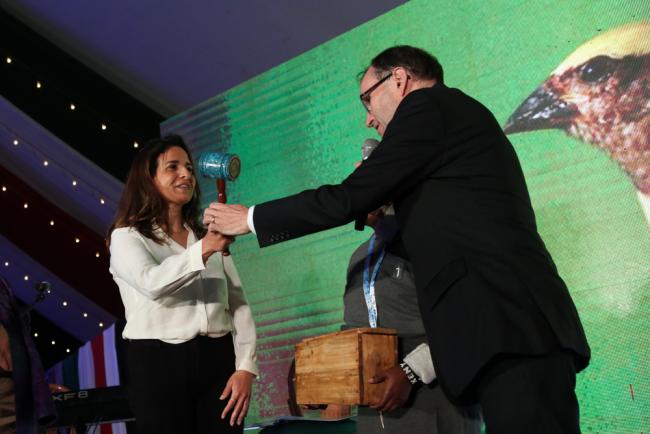 UNEA President Espen Barth Eide, Norway, hands over the gavel to UNEA-6 President Leila Benali, Minister of Energy Transition and Sustainable Development, Morocco
