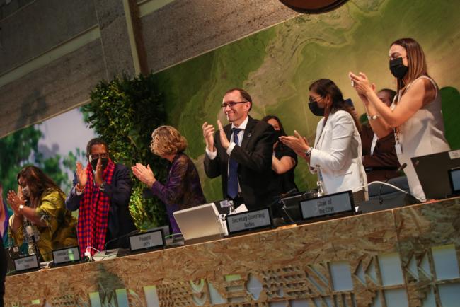 The dais gives a standing ovation in response to the adoption of the resolution on a global plastic pollution treatyThe dais gives a standing ovation in response to the adoption of the resolution on a global plastic pollution treaty 2
