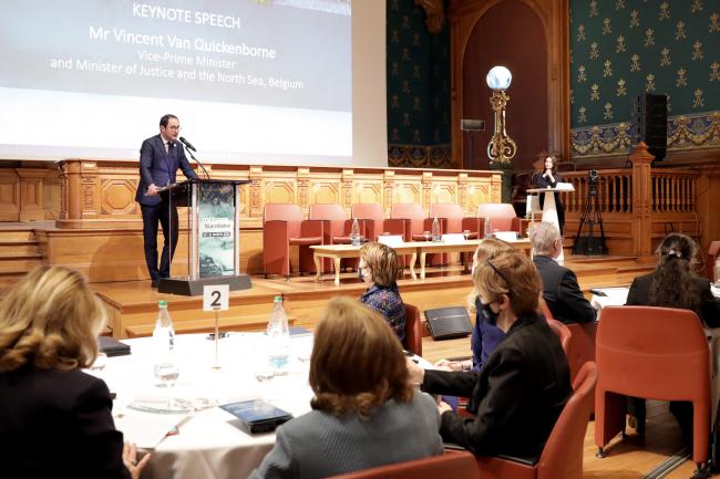 Vincent van Quickenborne, Vice-Prime Minister and Minister of Justice and the North Sea, Belgium, delivers a keynote speech