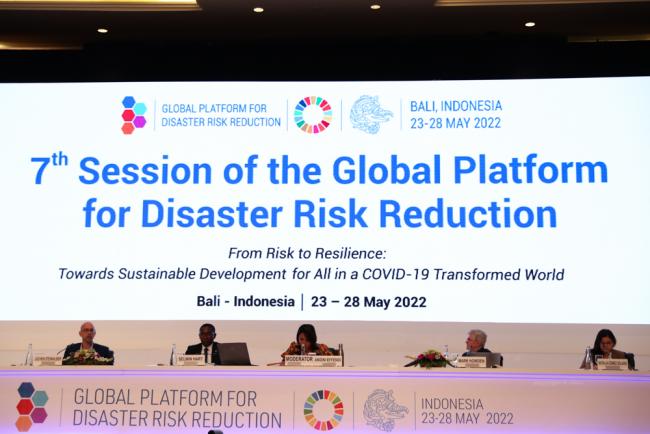 View of the dais during the high-level dialogue on Strengthening Disaster and Climate Risk Governance at National and Local Levels for Accelerated Progress on SDGs
