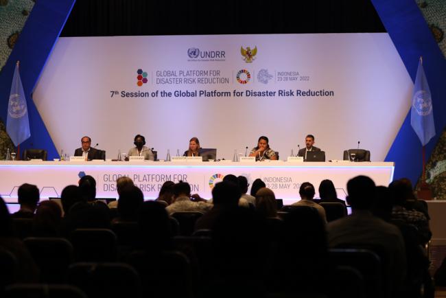 View of the dais during the thematic session on Strengthening Governance to Reduce Disaster Displacement Risks 