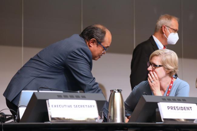 Rolph Payet, Executive Secretary of the BRS Conventions, and Silvija Nora Kalnins, President of the 10th meeting of the Stockholm Convention Conference of the Parties (SC COP10) - BRS COPs - 16June2022 - Photo.jpg