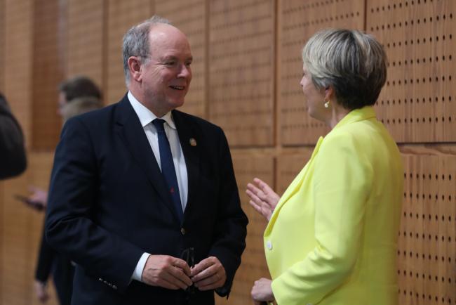 Albert II, Prince of Monaco, speaks with Tanya Plibersek, Minister for the Environment and Water, Australia